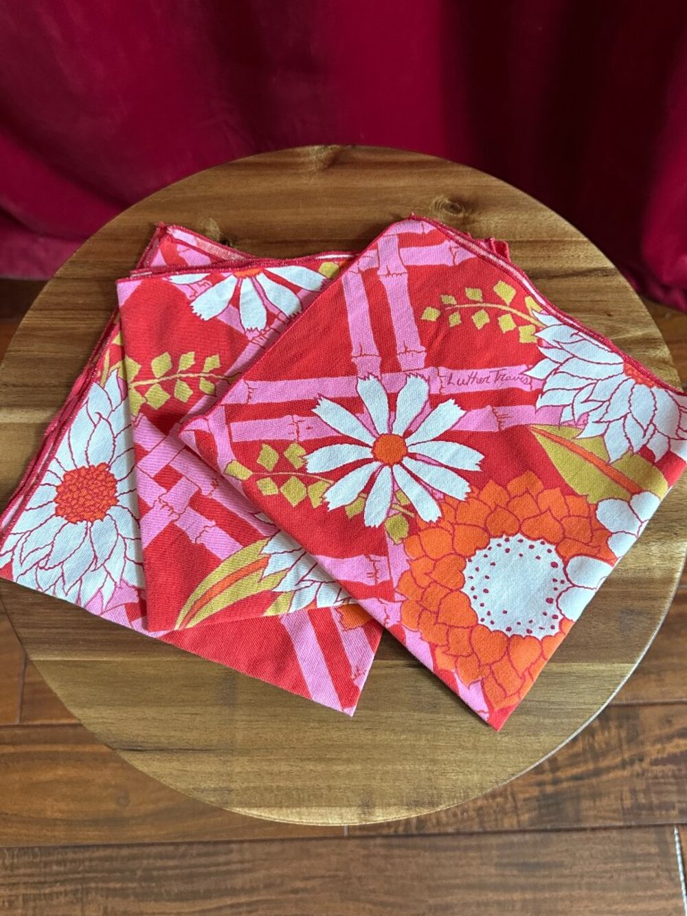 Set of 3 Vintage Luther Travis Flower Power Cotton Napkins